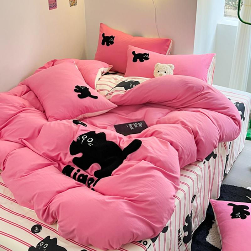 Ins Pink Stripe Bedding Set Towel Embroidery Duvet Cover Set Queen Twin Full Size Bed Flat Sheet Quilt Cover Pillowcases Kawaii