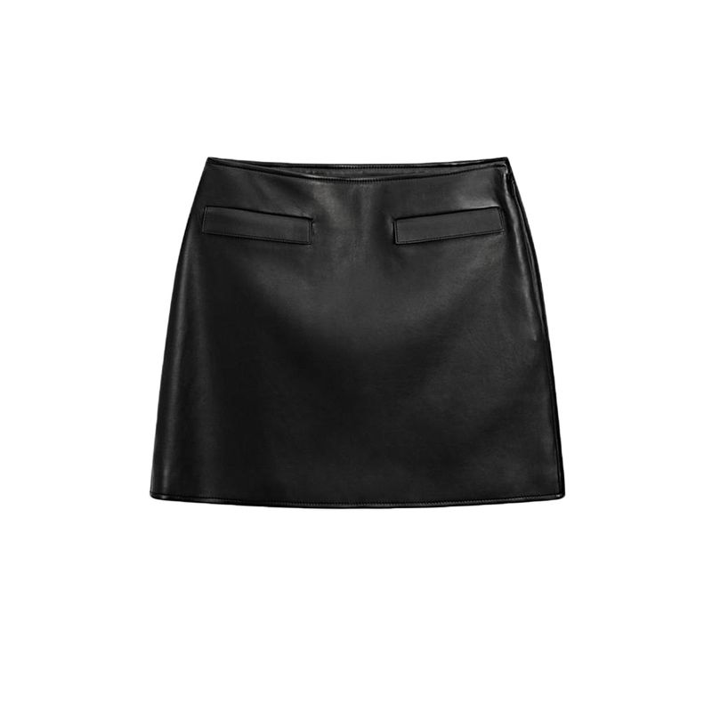 

Anti-Leather Mini A- line Skirt 5304800 round Neck Long Sleeves Double Breasted Short Outwear 4701800 Black Skirt L