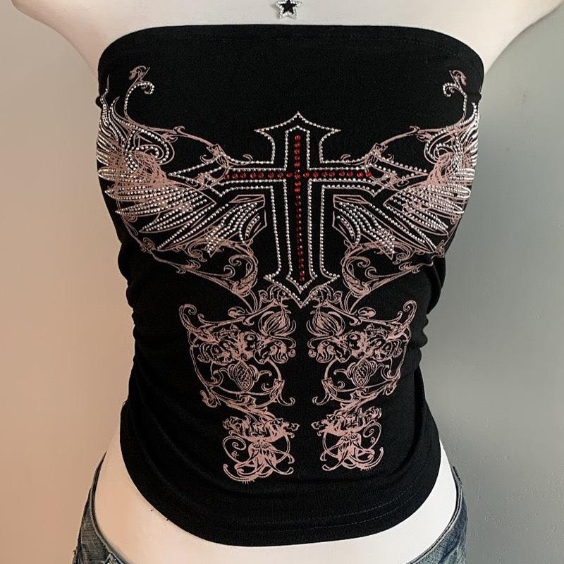 

Готический принт Черный топ-труба Женский Без бретелек Облегающий Укороченные топы Летний Повседневный Шик Графические футболки Y2k Уличная одежда Жилет Базовый L