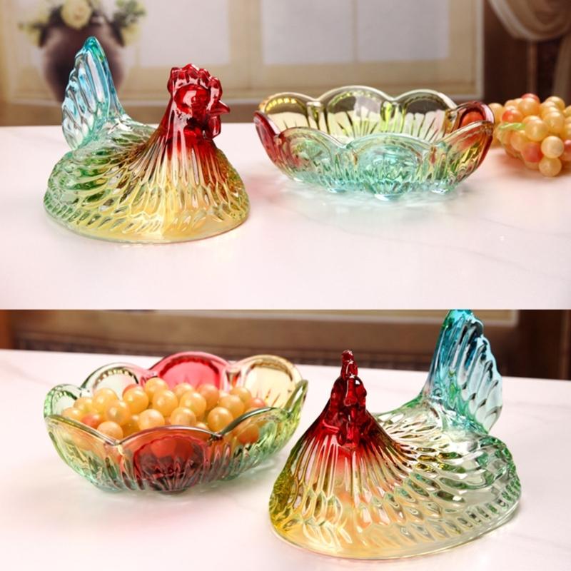 Plat à bonbons en verre cristal forme poulet, Bol à bonbons rétro avec couvercle, Assiette à dessert Bol à snacks Ornement pour décorations de maison