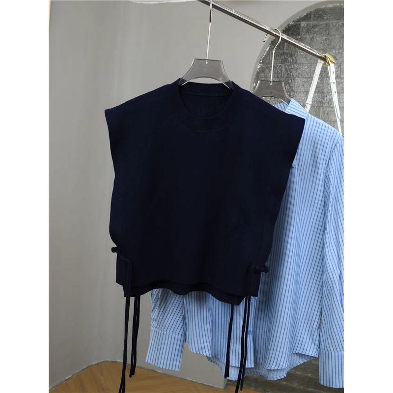 

Blue Stripes Loose Two-Piece Suit Lapel Buckle Ribbon New Chinese Style Long Sleeves All-Matching Youthful-Looking Women s Shirt N642 Sleeveless vest S
