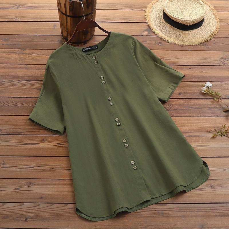 Summer Casual Loose Tunic Tops Women Vintage OL Shirt O Neck Short Sleeve Blouse Solid Cotton Blusas Buttons Down Chemise