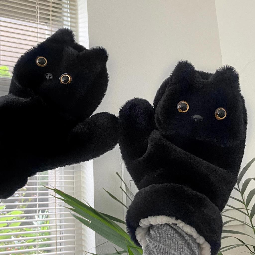 Schwarze Winterhandschuhe aus Plüsch mit Katzenmotiv: Dick, Winddicht, Niedlich, Doppellagig für Studenten, Nackenband-Design