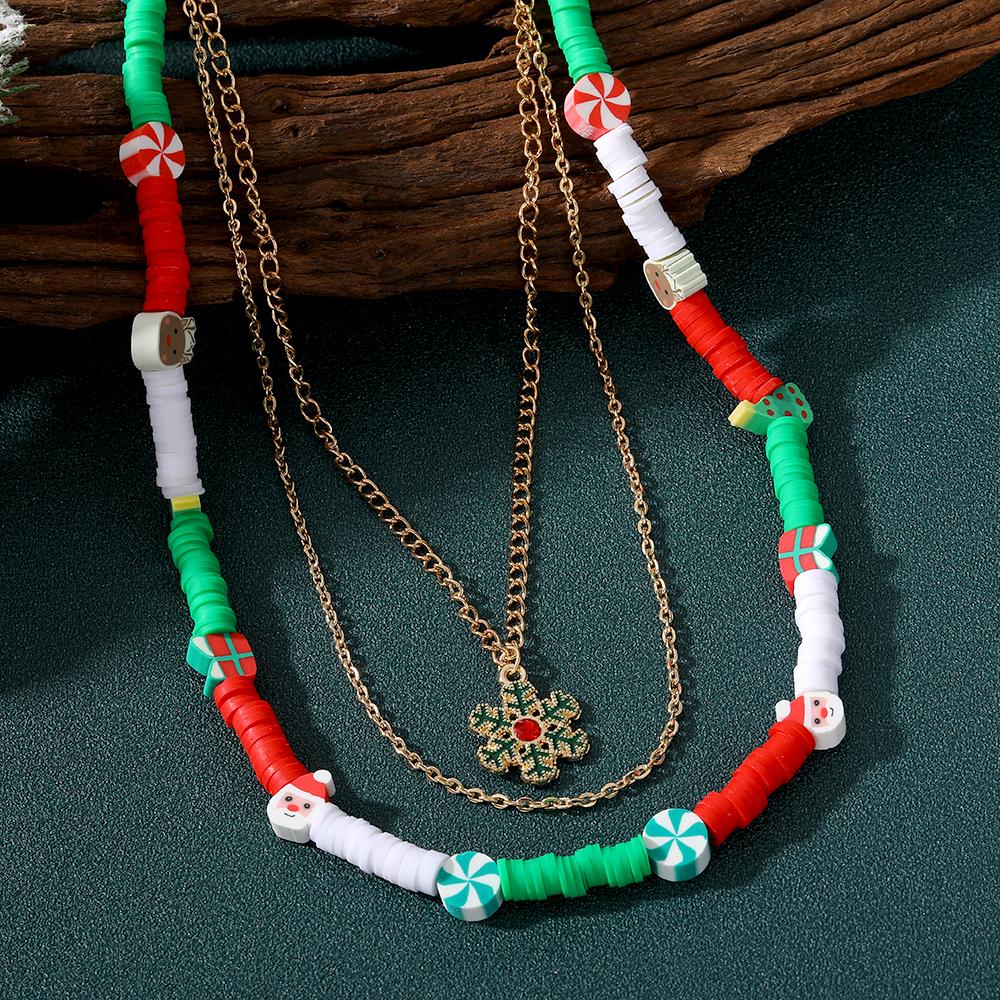 2023 New Cartoon Girl Gift Snowflake Santa Claus Christmas Tree Necklace Set Christmas Models Chain Rice Beads Bells Fawn Necklace 3pcs