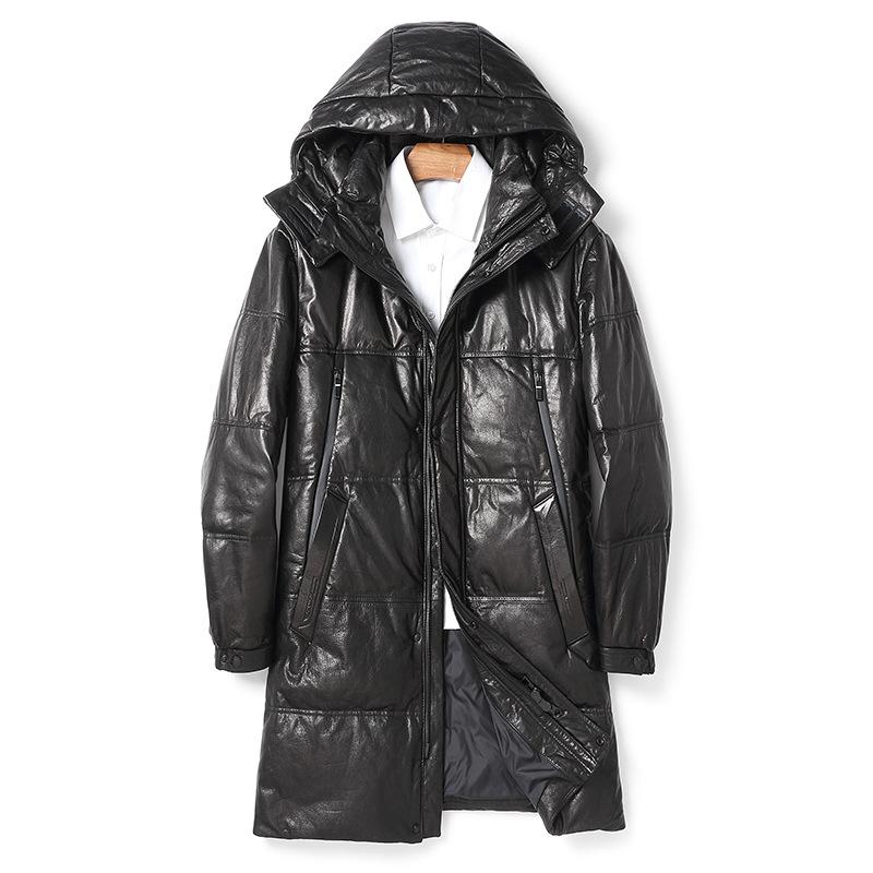 

New hooded leather leather jacket men s medium and long goose down jacket imported first layer cowhide winter thickened warm jacket 5XL чорний