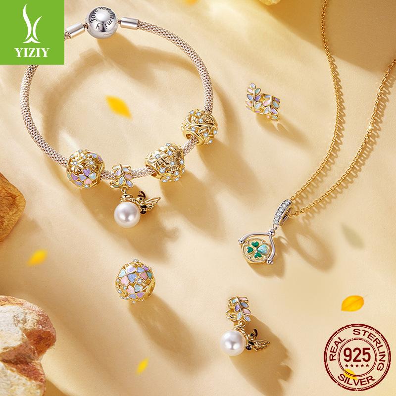 Golden Autumn Series Leaf Bee Diy Bracelet Beaded Romantic Clover S925 Sterling Silver Beads