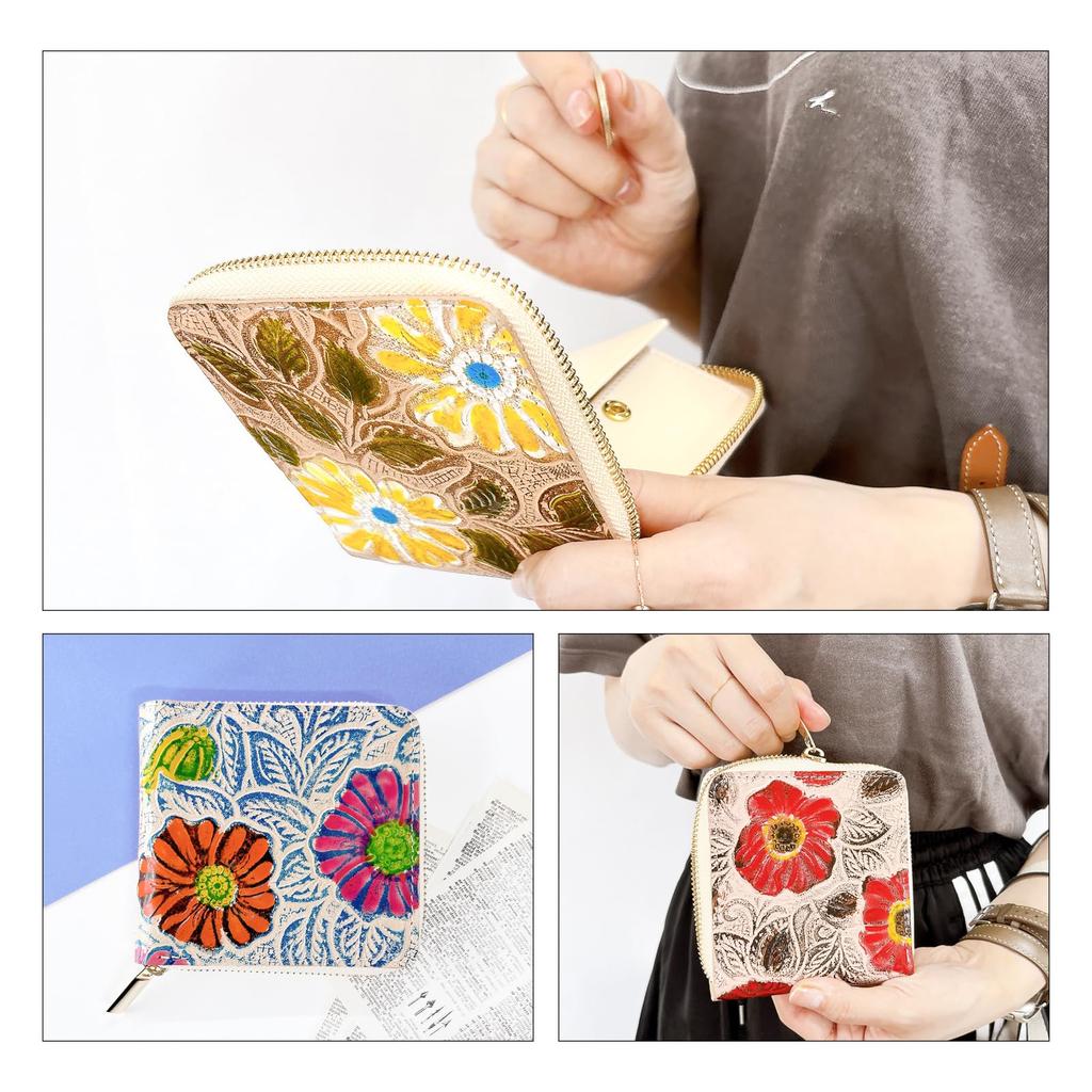 Carteira Bifold Feminina Tendência Yamagishi, Couro Genuíno de Vaca, Zíper Redondo, Compacta, Estampa Floral de Alta Qualidade, Embossada Floral Retrô,