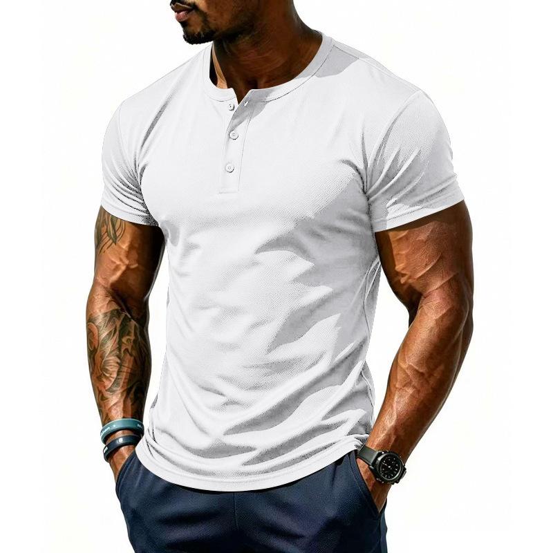 Men’s Summer Quick-Dry Mesh Henry-Neck T-Shirt – Casual Plain Short-Sleeved