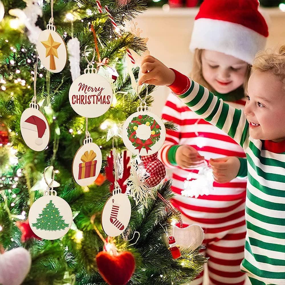20Pcs Christmas Wooden Baubles Round Wood Slices Wood Disc Hanging Ornaments Baubles for DIY Crafts Christmas Tree Decoration