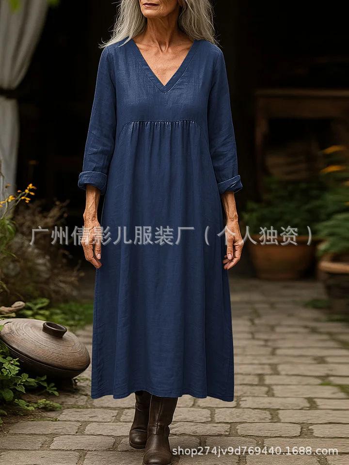 2025 Locker geschnittenes V-Ausschnitt Baumwollleinenkleid