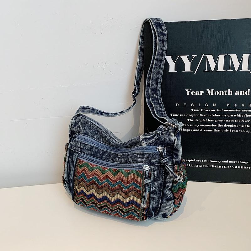 Винтажная джинсовая вышитая сумка-тоут женская 2025 новая женская сумка большой вместимости в этническом стиле холщовая на плечо темно-синий