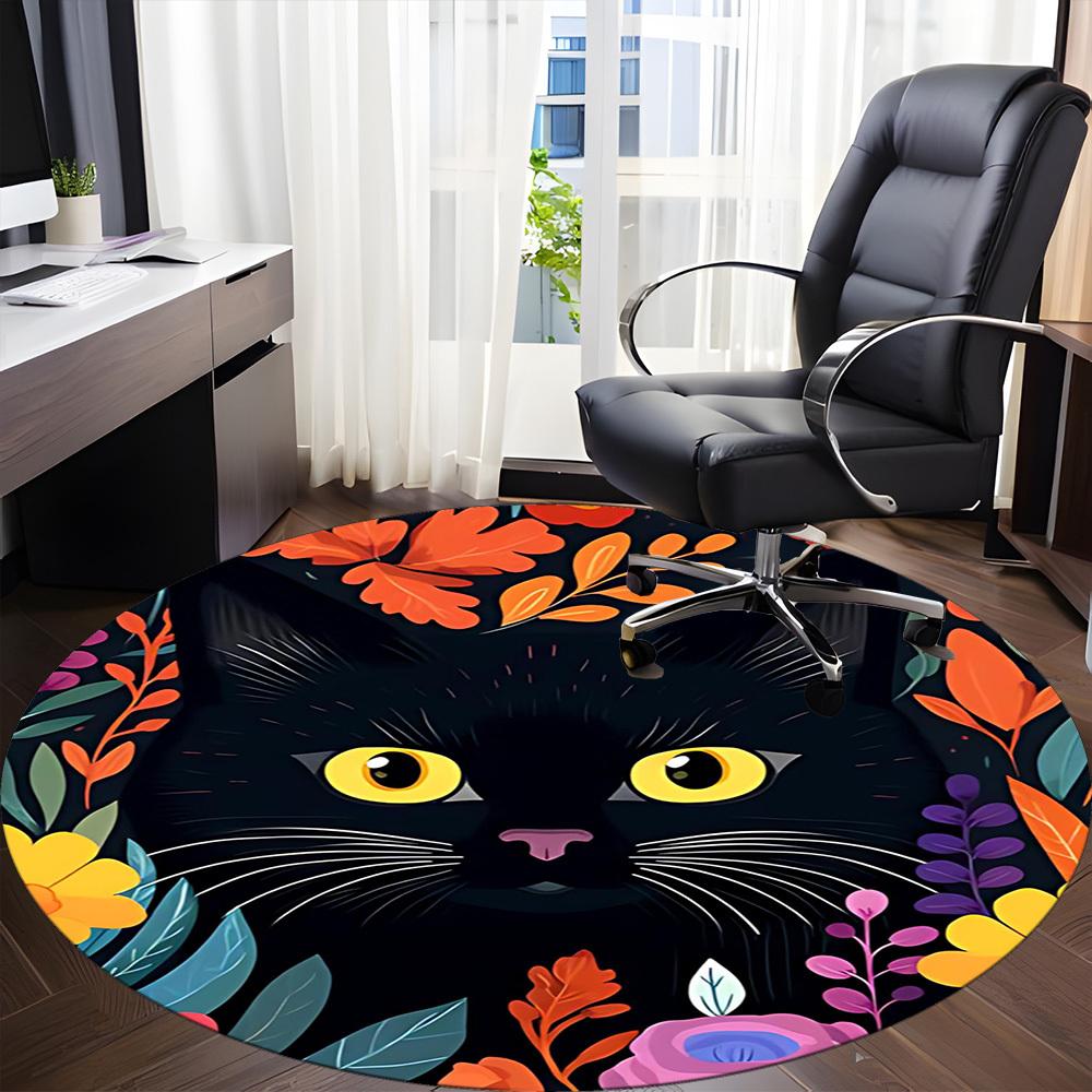1PC Cat Flowers Office Round Area Rug, Mat Suitable For Office, Under Office Chairs Bedroom Living Room Home Decor, Room Deco