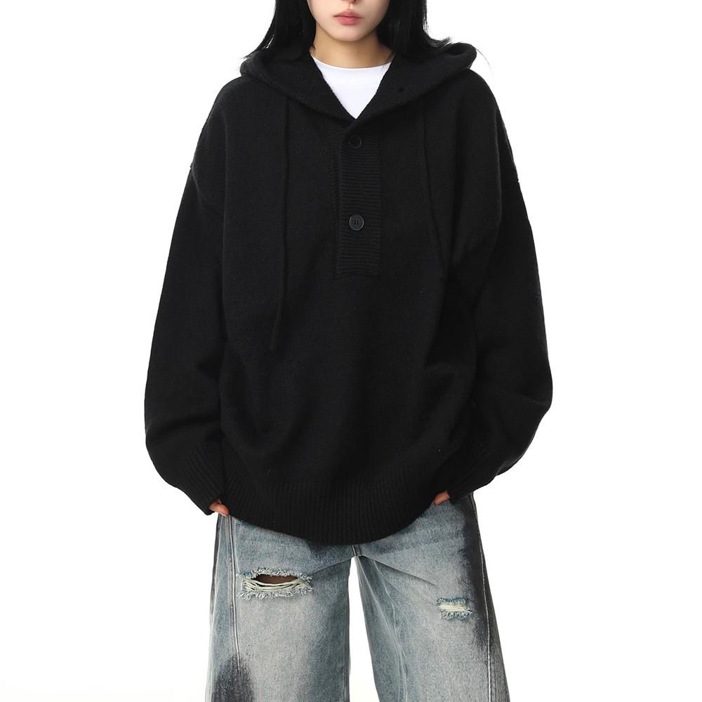 

Винтажный высококлассный черный вязаный свитер с капюшоном: 2024 Осень/Зима Унисекс Толстый, Свободный и Удобный. M чёрный