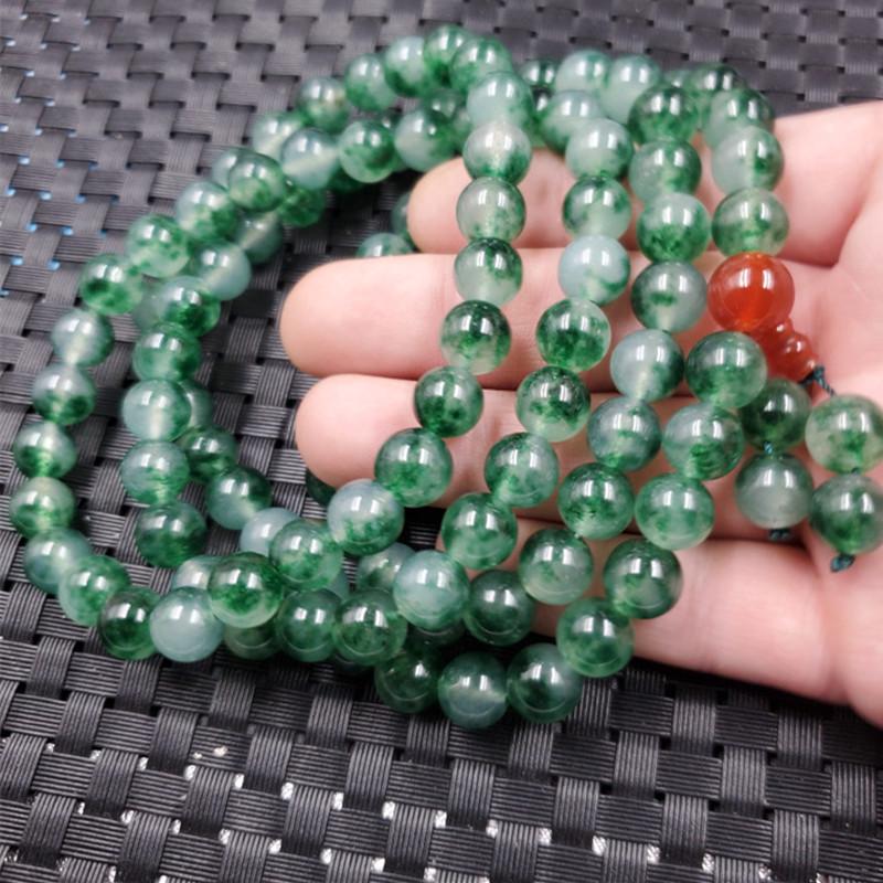Green Jade Bracelet with Blue Flower Pattern, 8mm Round Beads, 108 Beads, Prayer Beads 6mm Round Beads 108 Beads