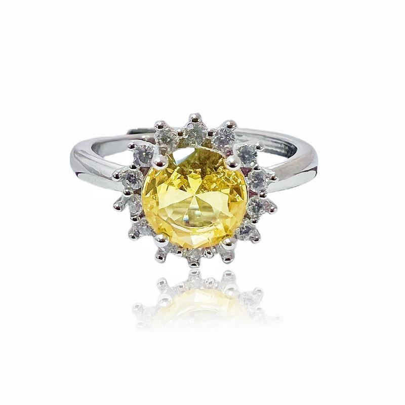 Yellow Diamond Series Color Treasure Open Ring Full Of Diamonds Zircon Exquisite French Light Luxury Premium Sense Adjustable Ring