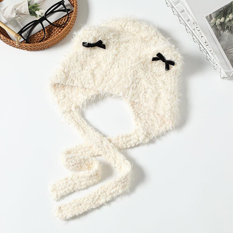 Fashion Bow Knitted Warm Hat Women Autumn and Winter Pullover Ear Protector Braid Plush Hat Riding Electric Car Hat
