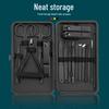 Black Stainless Steel Nail Care Set: 18-Piece Manicure Kit with Clippers, Scissors, Blackhead Remover, Pedicure Knife, and Beauty Pliers.