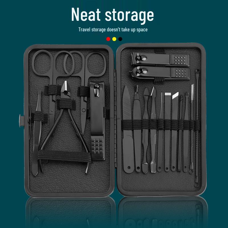 Black Stainless Steel Nail Care Set: 18-Piece Manicure Kit with Clippers, Scissors, Blackhead Remover, Pedicure Knife, and Beauty Pliers.