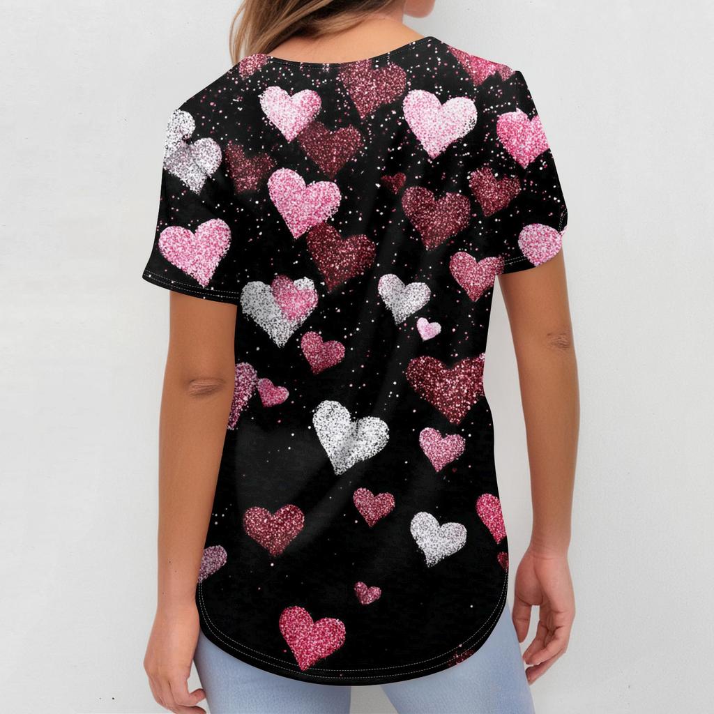 Women's V,neck Valentine's Day Printed Short,sleeved Pocket Side,slit Protective Suit Top