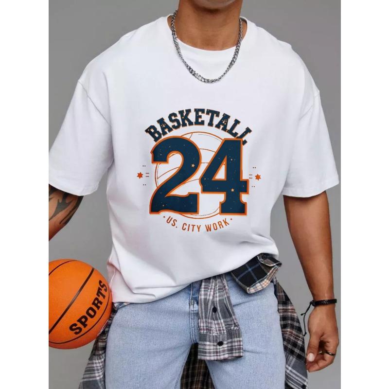 Basketball T Shirt White Number 24 with Basketball Design and Text Basketball U S City Work for Casual Wear and Sports Activities