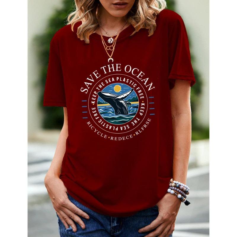 Spring Summer Whale Swimming Letter Pattern Printed Loose Fitting Cotton Short Sleeved Round Neck T-Shirts Women’s