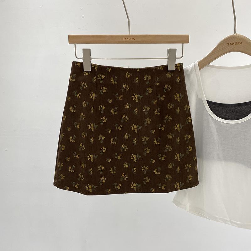 

Корейская ретро вельветовая мини-юбка с цветочным принтом и высокой талией 3XL кофейный