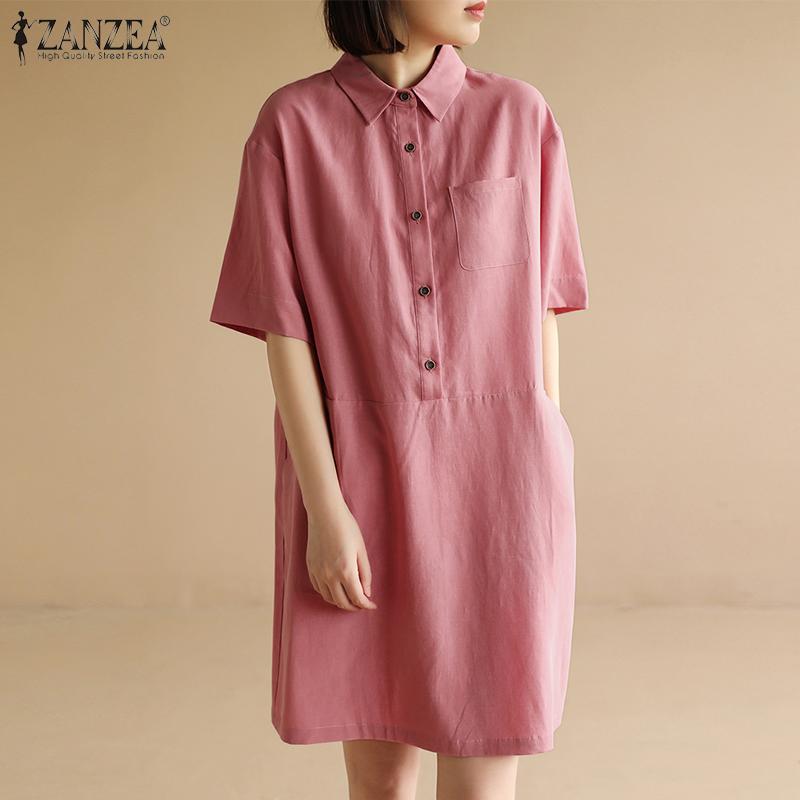 

ZANZEA Хлопковое платье Женщины Летний лацкан с коротким рукавом Рубашка Платье