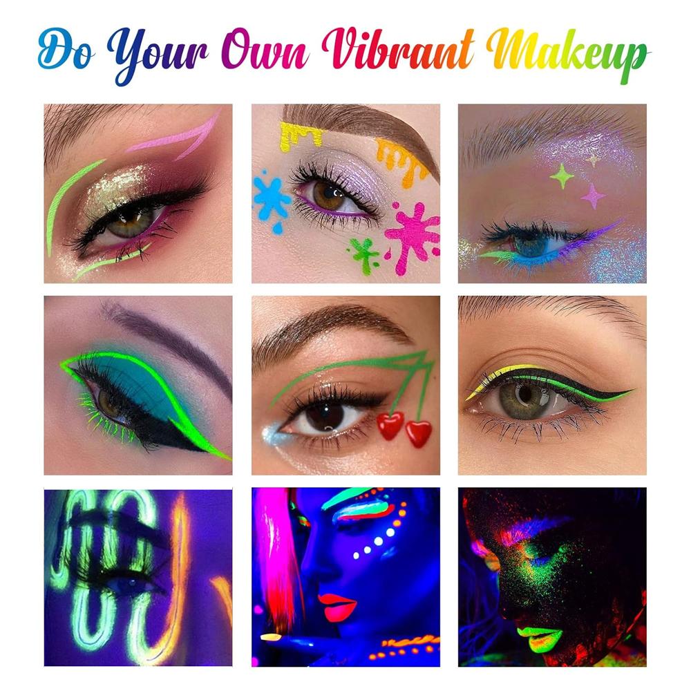 6 Stück Neon Fluoreszierender UV Glow Eyeliner, Wasserdichter Langanhaltender Bunter Flüssiger Augen-Eyeliner, Rave Party Halloween Make-up Werkzeuge