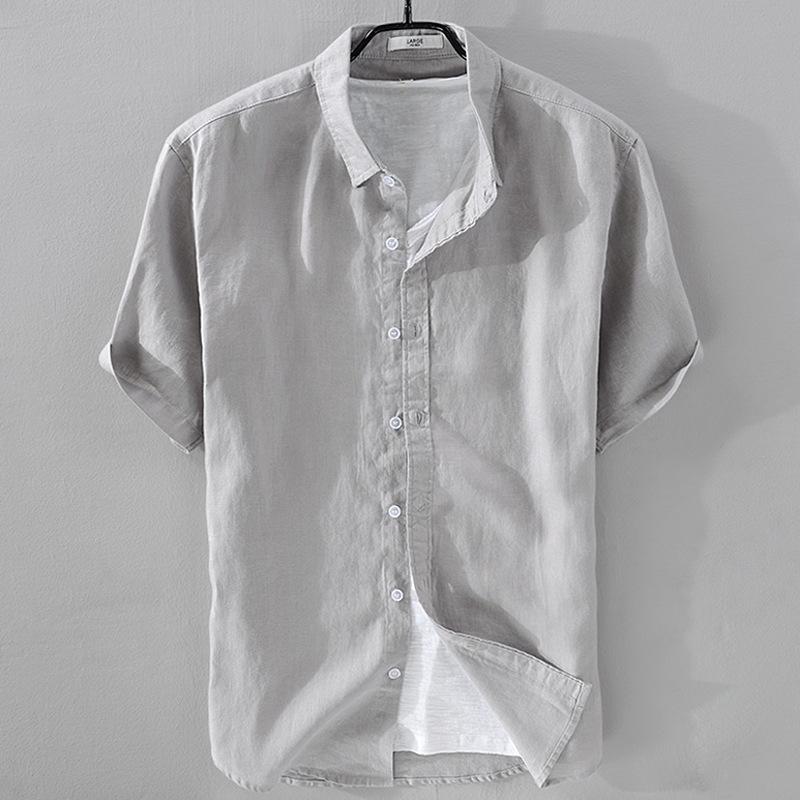 Men's White Cotton Linen Short-Sleeve Shirt - Casual Summer Wear