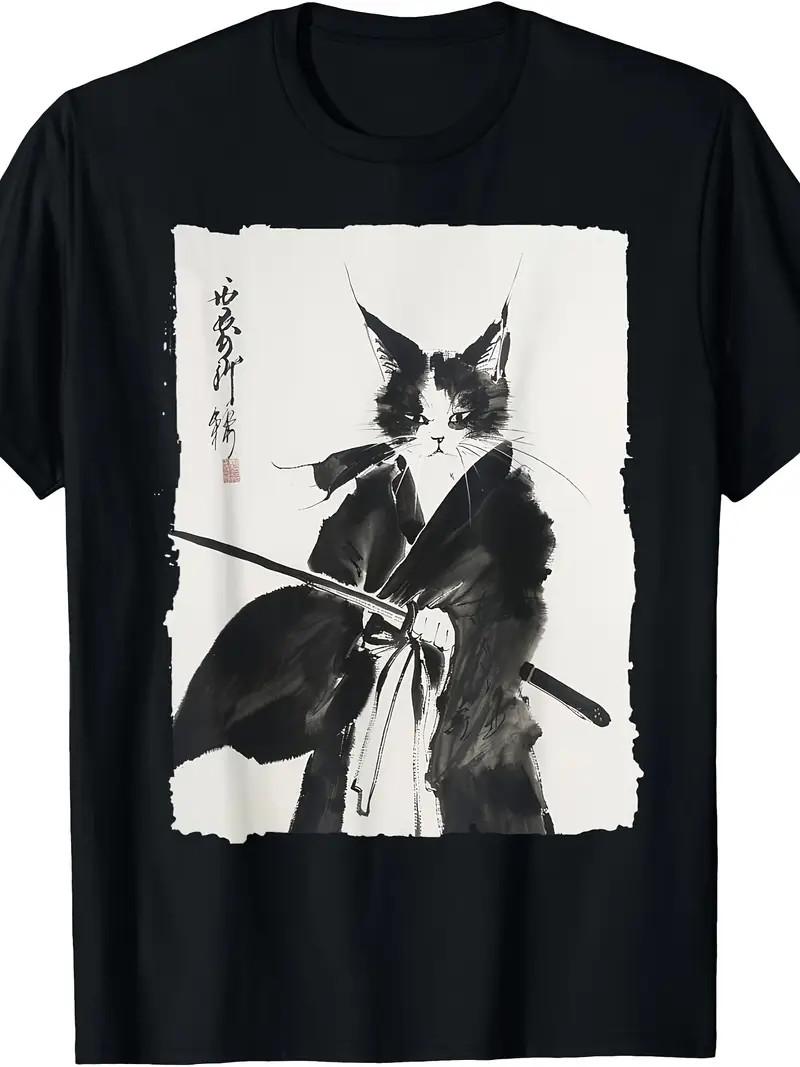 Samurai Cat Tee: Retro Japanese Warrior Style Graphic T-Shirt S разноцветный