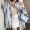 Korean-Style Women's Blue Polo Collar Lace Patchwork Shirt - Loose Fit, Slimming, Early Spring 2025 Niche Design.