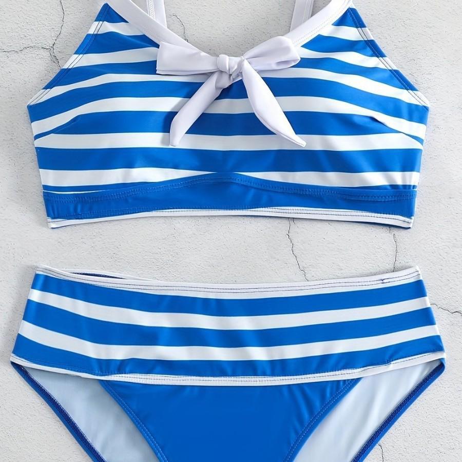 

Женский полосатый купальник бикини с бантом 2025 - Стройнящая и стильная пляжная одежда Medium небесно-голубой