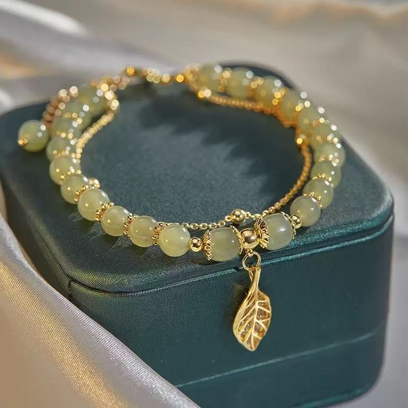 Luxury Love Gold Hotan Jade Lady Bracelet, Leaf Love Double Layer Girl Bracelet Jewelry Gifts