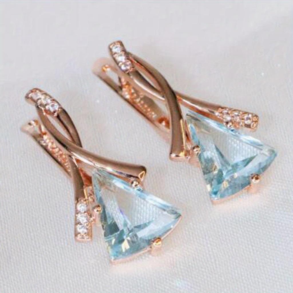 1 Pair Golden Color Triangle Cut Aqua Blue Stone Earrings Women Wedding Drop Earrings Jewelry