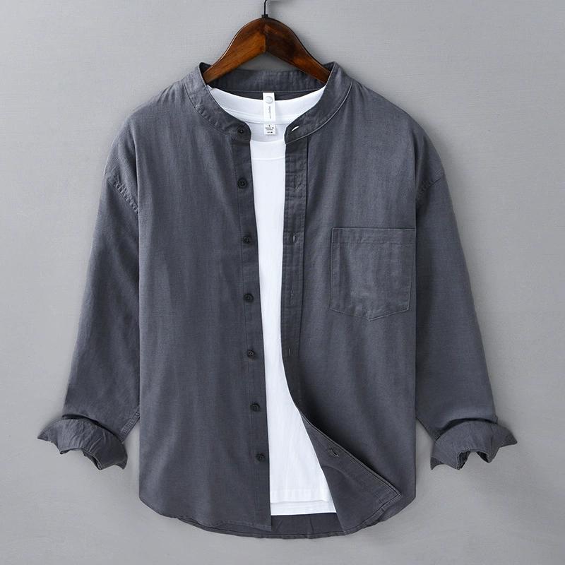 Cotton Linen Shirt Mandarin Collar Long Sleeve Casual Loose Fit Button-Up Shirt Men's Retro Camping Fishing
