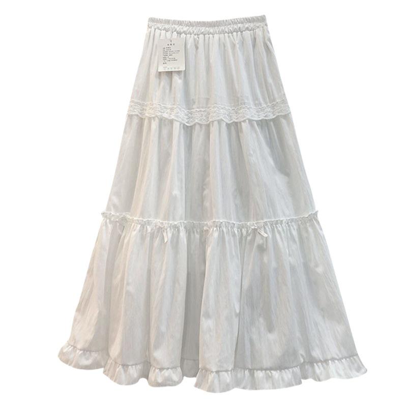Sweet Lace Bow Ruffle Midi Skirt for Women - Spring 2025 High Waist A-line Style