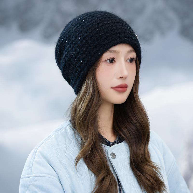Korean Versatile Plus Velvet Plaid Sequins Piled Hat Autumn and Winter Literary Retro Cold Proof and Warm Hat Outdoor Cold Hat