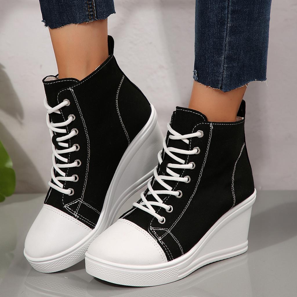 2025 New Large Size High-top Canvas Shoes Women's Muffin Bottom Thick-soled Wedge Heel Single Shoes Fashionable Versatile Lace-up High-top Shoes