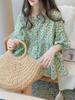 Summer 2025 Korean Floral Baby Shirt: Loose Fit, Round Neck, Sweet Lantern Sleeves for Women