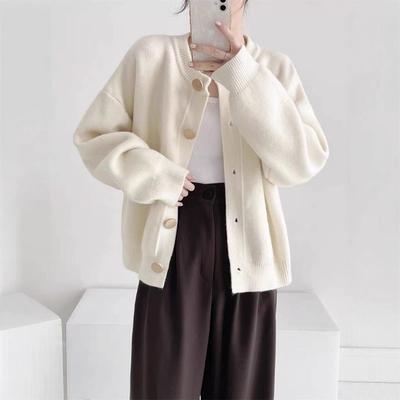Design Sense Single-breasted Knitted Cardigan Women's Autumn and Winter New Loose Lazy Wind Crew Neck Sweater Jacket