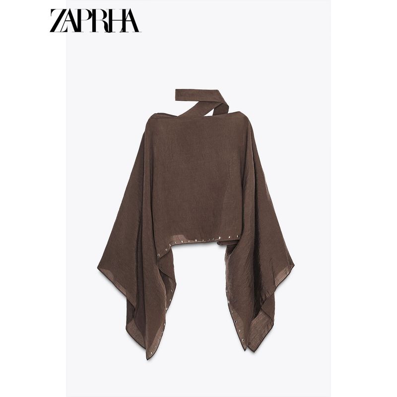 Zaprha 2025 Summer New Fashion Personalized Loose Rivet V-neck Wide Sleeve Scarf Poncho 3067719