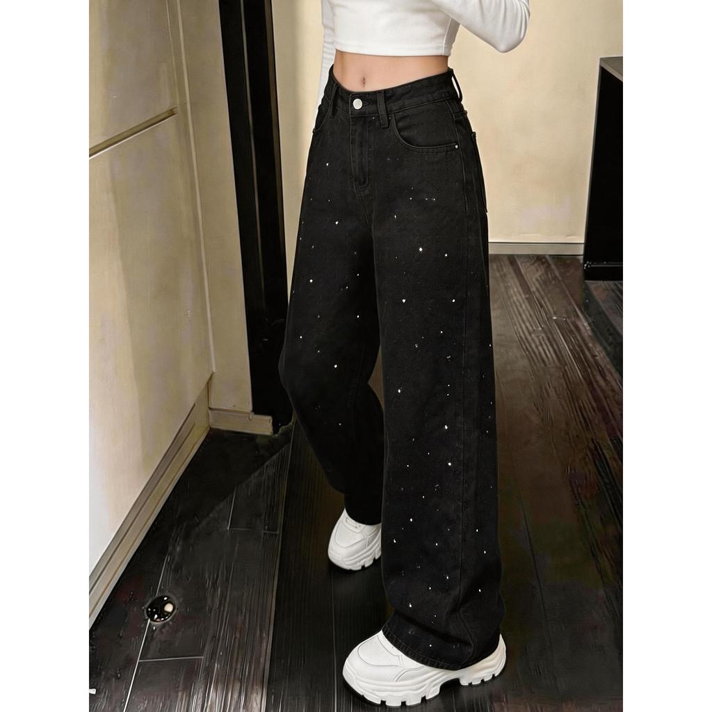 French retro black rhinestone jeans women's summer thin high waist loose straight drape thin versatile long pants