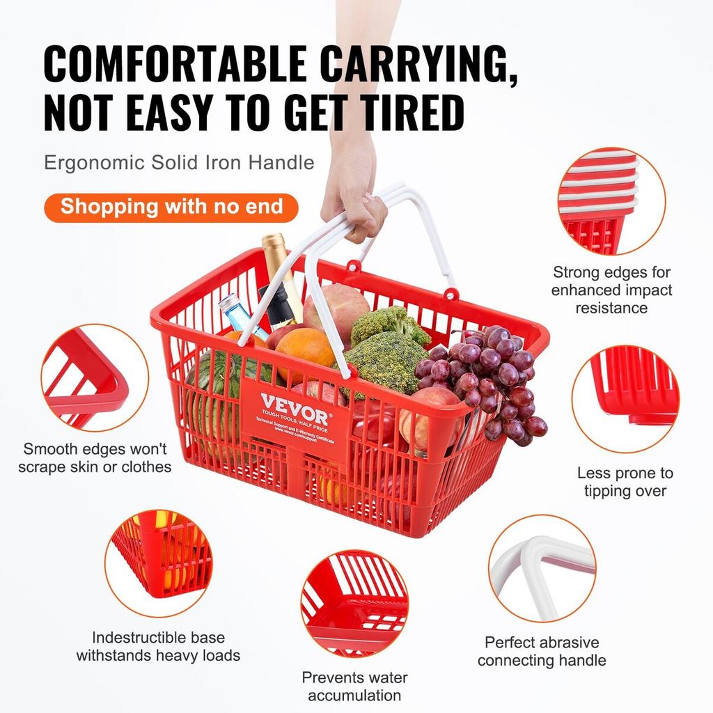 Shopping Basket Portable Grocery Basket 12PCS 21L with Handle & Stand Red