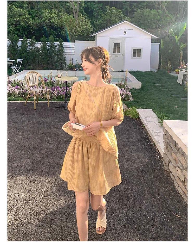 Korean Off-Shoulder Chiffon Top & Shorts Set, Women's Summer Petite Collection, Fresh & Airy Style