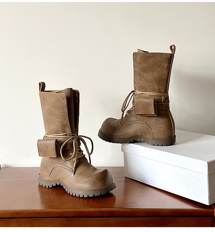 

Vintage British style round head lace-up Maillard platform mid-tube boots 2025 new temperament versatile thick heel Martin boots 40 коричневый