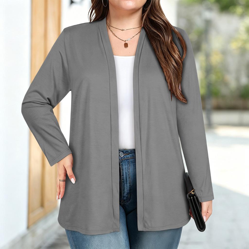 Women's Plus Size Soft Milk Silk Cardigan with Three-Quarter Sleeves and Pockets for Casual Everyday Wear