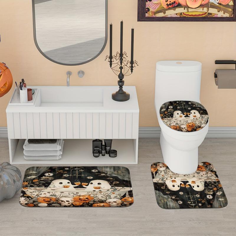 HOT Halloween Ghost Pumpkin Skull Shower Curtain Set with Non-Slip Rugs Toilet Lid Cover and Bath Mat Washable Trick or Treat