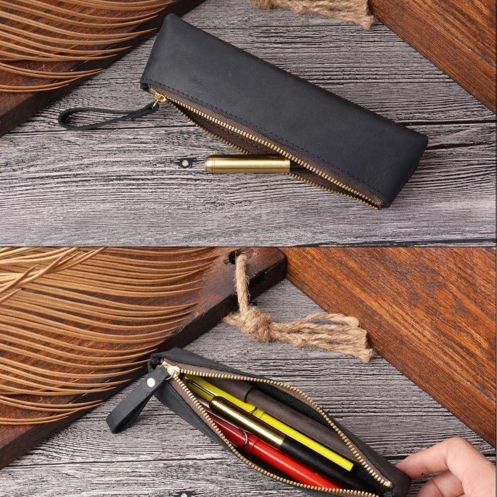 PU Leather Makeup Brush Storage Bag Zipper Closure Dust-Proof Pencil Pouch Case Portable Pen Bag Student Use