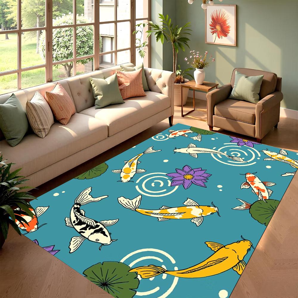 Illustrations Style Area Rug Koi Fish Lotus Pond Design Home Decor Carpet Soft Non-Slip Floor Mat for Living Room Bedroom