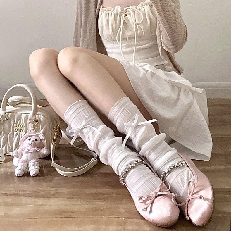Ice Silk Calf Socks for Women | Summer Sweet Bowknot Slouch Socks - Thin White Lace Ballet-Style Knee-High